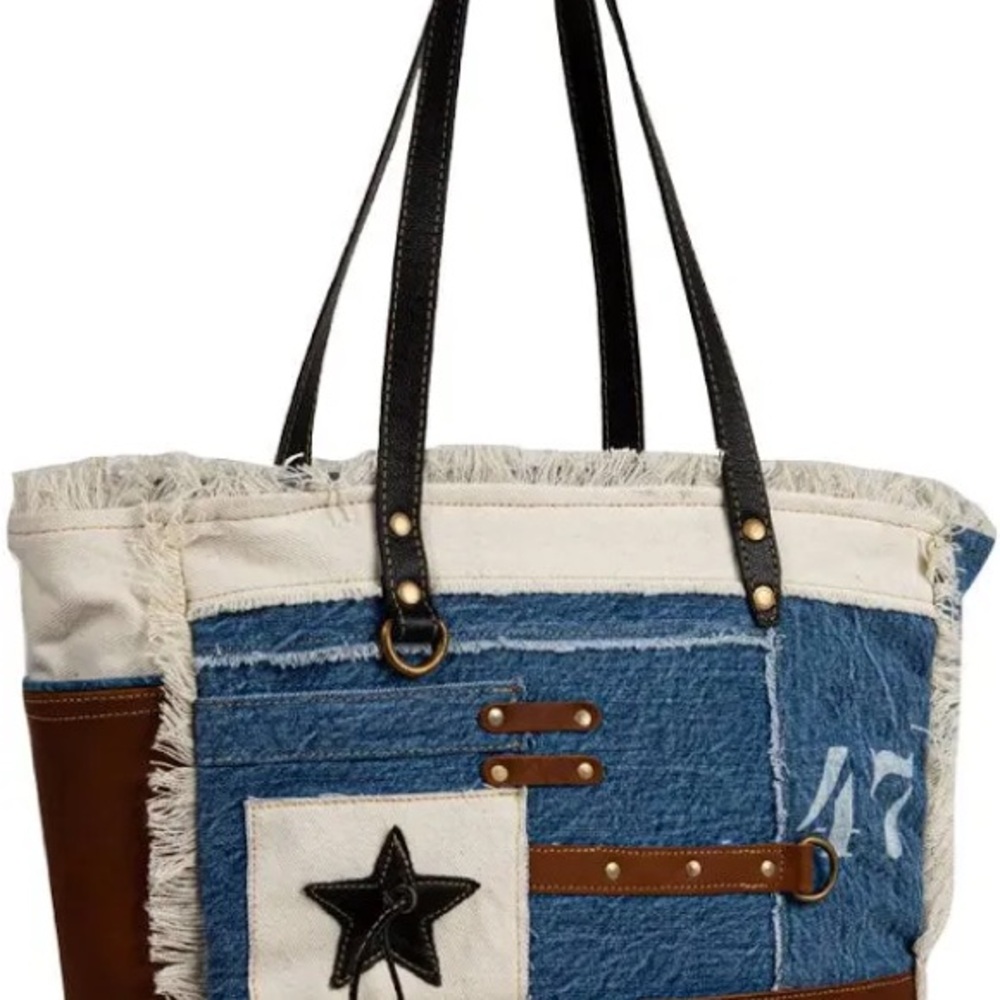 Myra Bag Blue and Brown Patchwork Tote - Country Road 47 Weekender Bag